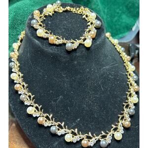Vintage 70s Faux Pearl Leaf Necklace, Bracelet Set Gold Tone Chunky Choker Vine